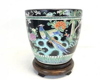 Chinese Porcelain Planter On Wood Base