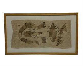 Australian Aboriginal Painting On Tree Bark - Snake, Insects