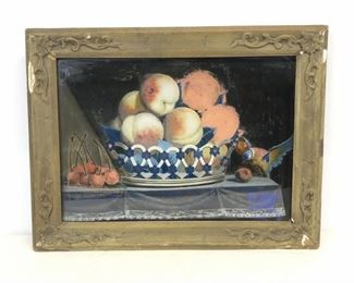 Antique Folk Art Wood Framed Reverse Painting On Glass