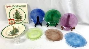 Spode christmas dish and colored glass dishes