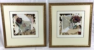 Pair of Signed, Framed Mixed Media Floral/ Geometric Art Pieces by Liz Jardine 