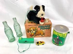 Vintage Frankenstein Puzzle 1974 & Vintage Snappy Puppy Toy, Hot Wheels Upfront Turbo 924 Porsche Yellow Car & Cocacola bottles