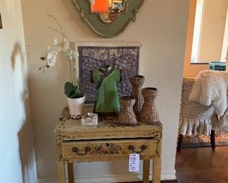 Cute mirror, framed Batik, painted antique table and accessories 