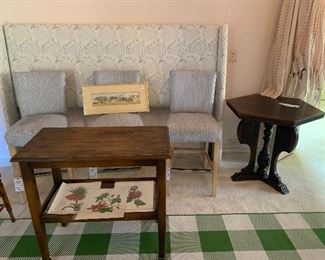King sized upholstered headboard in excellent condition, 3 barstools, side table, cool mid-height table (would make a cool kitchen island!)
