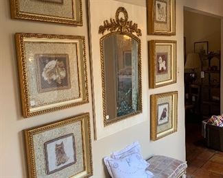 Needlepoint framed dogs, beautiful mirror, upholstered bench, large basket, luxury blankets