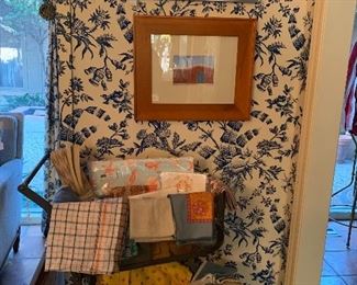 Mary Griffith art, assorted linens, vintage shopping cart