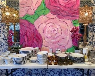 Carly Allen-Martin original art, Vietri dishes, Match pewter tissue cover, cute pair of lamps, wine holders