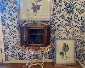 Beautifully framed florals, bamboo corner shelf, adorable vases