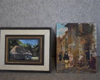 Lot of 2 Souvenir Paintings | Barber of Seville | Signed Tropical Chalet | B 8"x10" T 9"x11.25"