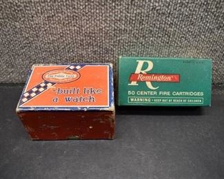Lot of 2 Empty Ammo and Reel Boxes | Remington 9mm Luger Box, | Shakespeare Co Reel box. | R 5.25"x2.5"x1.5" S 4.5"x3.75"x3.25"