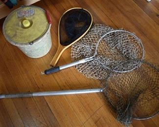 Vintage Minno Therm Bait Bucket and 3 Fishing Nets