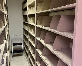 Six units total. Four 4-ft. wide, and two 3-ft wide. All are approx. 12" deep and 88" tall. Spacers can be easily moved to create sections that will hold more files or less files. 