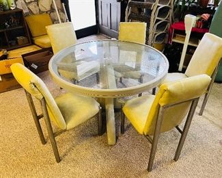 Vintage Glass Top Round Table with 6 Chairs