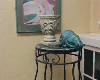Heavyweight iron and marble plant holder (approximately 3' tall,) planters, pictures.