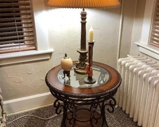 Side table, lamps.