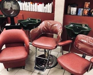 Salon chairs...dryer chair, hydraulic styling chair and (tilting) shampoo chair.