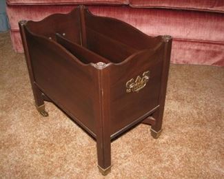 #12 $45.00 - Ethan Allen cherry magazine rack, with brass handles and casters 17"x10 1/2"x16"