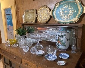 Antique buffet with cut glass and Italian wood serving trays