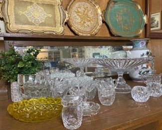 Cut glass and Italian serving trays of wood