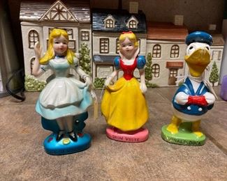 Walt Disney Productions WD-29 figurines, made in Japan. Snow White, Donald Duck, Sleeping Beauty.