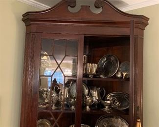 #1	Corner Antique Cabinet w/ 4 doors  w/wood 4 wood shelves w/key    45x29x8' - heavy Shelves not adjustable )  finial top in bottom of cabinet ceiling was not tall enough for it.)	 $700.00 	
