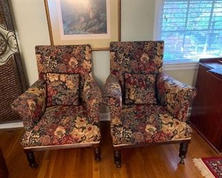 #11	(2) Tapestry Floral Antique Chairs on Wheels    - sold as a pair	 $150.00 	
