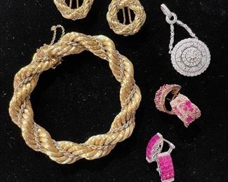 18k Rope Bracelet, 18k Gold Rope Earrings, 18k White Gold and Ruby Earrings, and a 18k White Gold and Diamond Pendant 