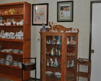 Fenton, Westmoreland, hand painted china, RS Germany, platters, smoking stand, curved glass display cabinet, figurines
