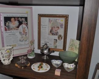 Framed advertisements, china, pottery