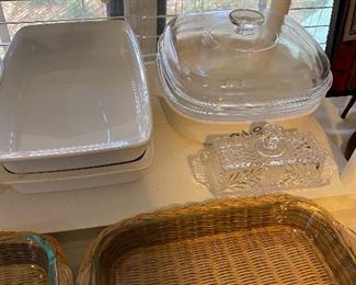 Pyrex blue cornflower - various and Pyrex clear inside wicker holder (2)