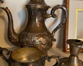 Silver plate coffee/tea pot, sugar bowl