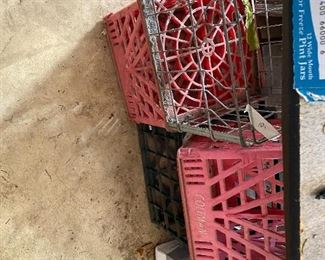Garage  - wire basket, vintage Coleman plastic container