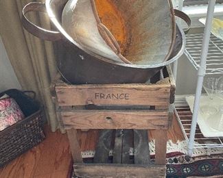 Just  love rusty metal tin and copper and a French stand 