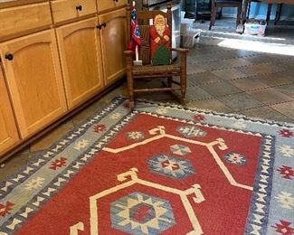 Nice flat weave rug    Children’s Cracker Barrel rocker 