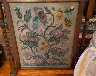 English barley twist needlework fire screen   Antique 