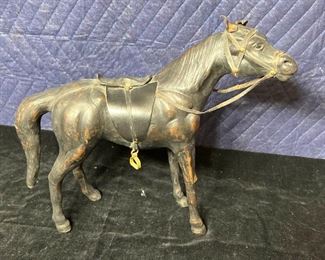 025 Wood  Leather Horse Figurine Vintage