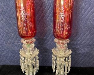 050 Antique Cranberry Glass Mantle Lusters