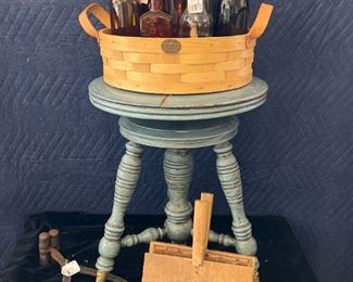 054 Vintage Bottles, Collectibles, Basket  Piano Stool