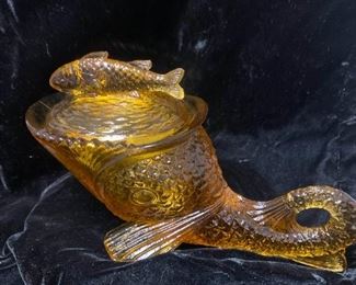 230 French Amber Fish Candy Dish More