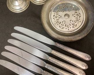 239 Sterling Dish,Weighted Candlestics Plated Knifes