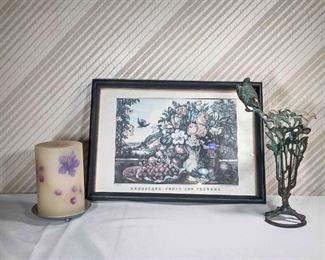 Currier and Ives Print by Fanny Flora Palmer Ornate 2 Piece Bird Vase and Large Floral Candle