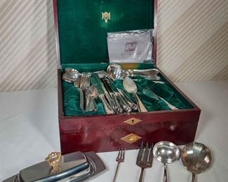 Silver Plated Utensils with Case and Key and Stainless Steel Butter Dish