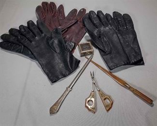 Size Small Womens Leather Driving Gloves Letter Openers Pill Box and Vintage Cuticle Trimmer