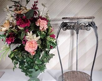 Wicker And Rod Iron Stand Artificial Flowers In Vase