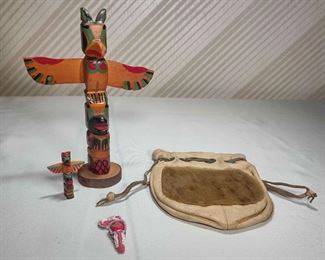 Wooden Totem Poles Leather Pouch and Beaded baby