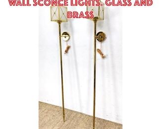 Lot 654 Pair Tall Decorator wall Sconce Lights. Glass and brass