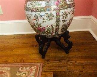 Pink floral jardiniere/ cache pot/fish bowl and stand