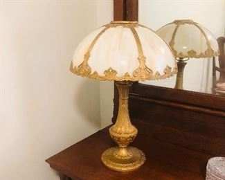 Antique 6 bent panel slag glass leaded table lamp