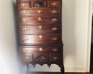 Queen Anne style mahogany high boy with 2 carved fans