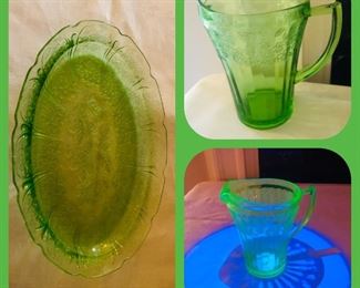 Uranium glass Cherry blossom platter and pitcher